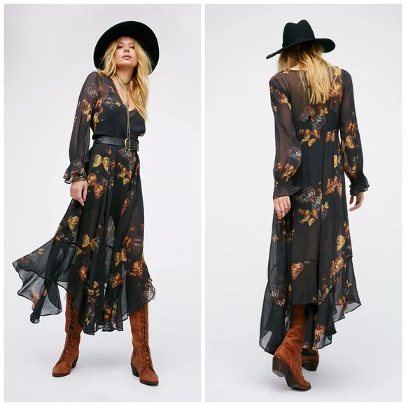 Free People Butterfly Skies Black Sheer Handkerchief Asymmetrical Smock Dress XS - Picture 1 of 16